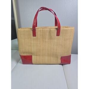 COLE HAAN Woven Straw Red Trim Tote Bag Shoulder Purse Barbie Pink Gingham